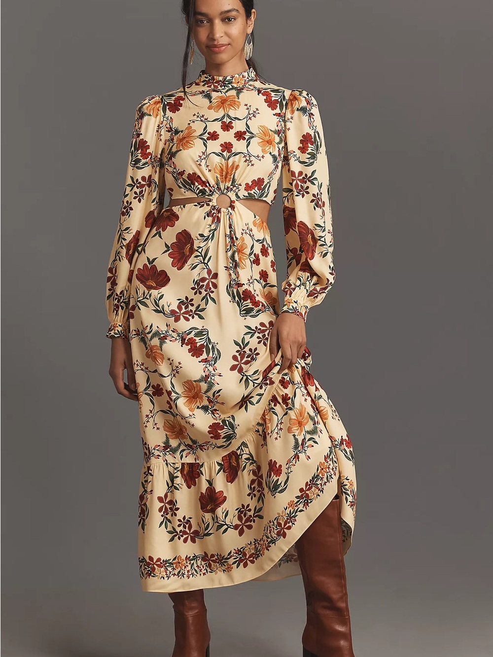 Farm Rio × Anthropologie Long-Sleeve Yellow Cutout Maxi Dress – Size XXS – NWT